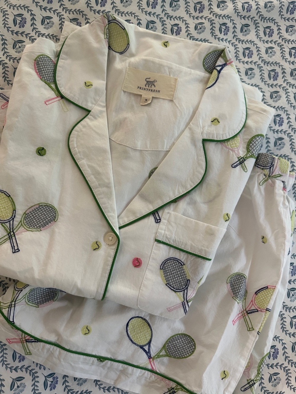 Printfresh White Tennis-Print Pajama Set with Green Piping